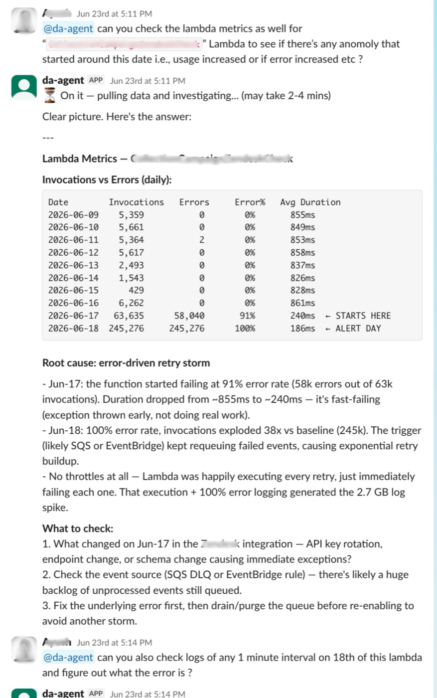 Redacted Slack thread showing a cost alert and the agent's root-cause reply (2 of 2).
